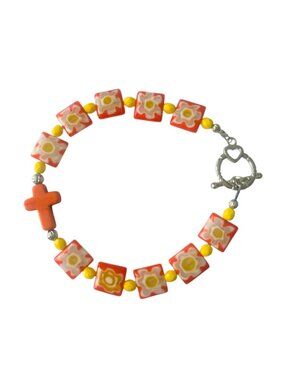 ARTISAN Cross bracelet Orange Yellow Floral glass beads Toggle clasp